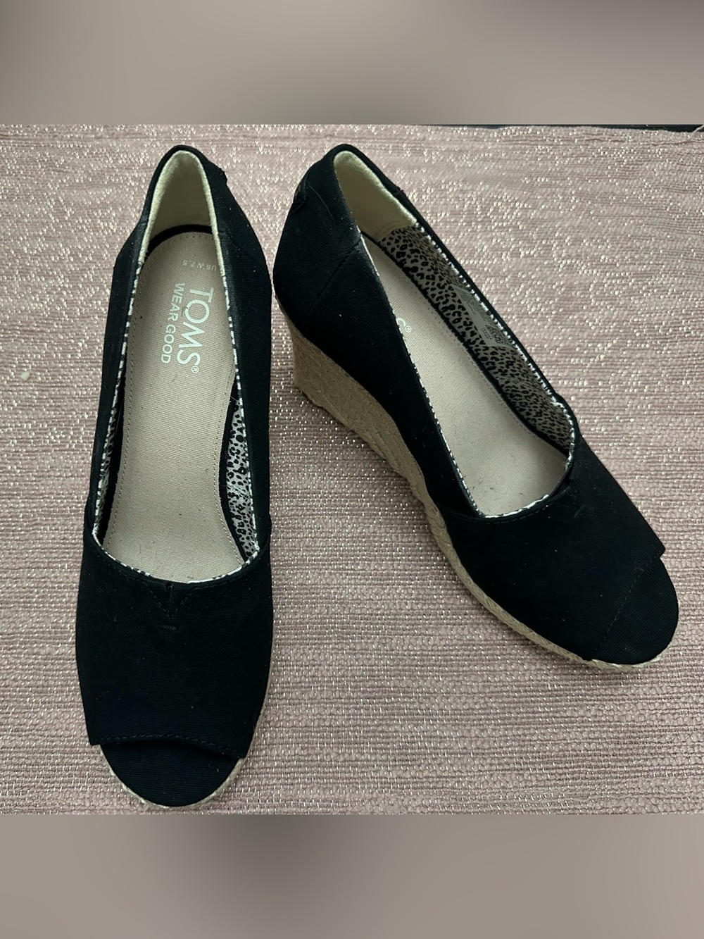 TOMS Black Canvas Wedge Heels – Peep Toe Espadrille